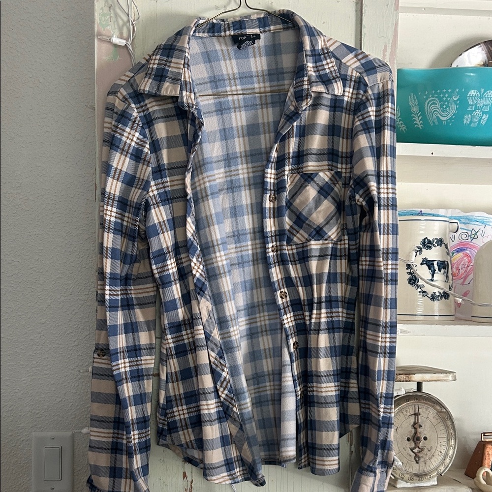 Light Blue and Cream Plaid Button-Up Shirt